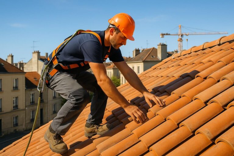 Couvreur travaillant sur une toiture en tuiles avec harnais de sécurité