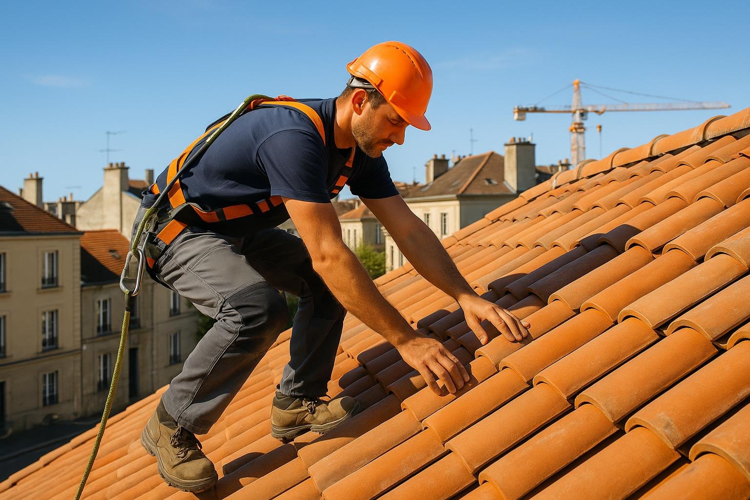 Couvreur travaillant sur une toiture en tuiles avec harnais de sécurité