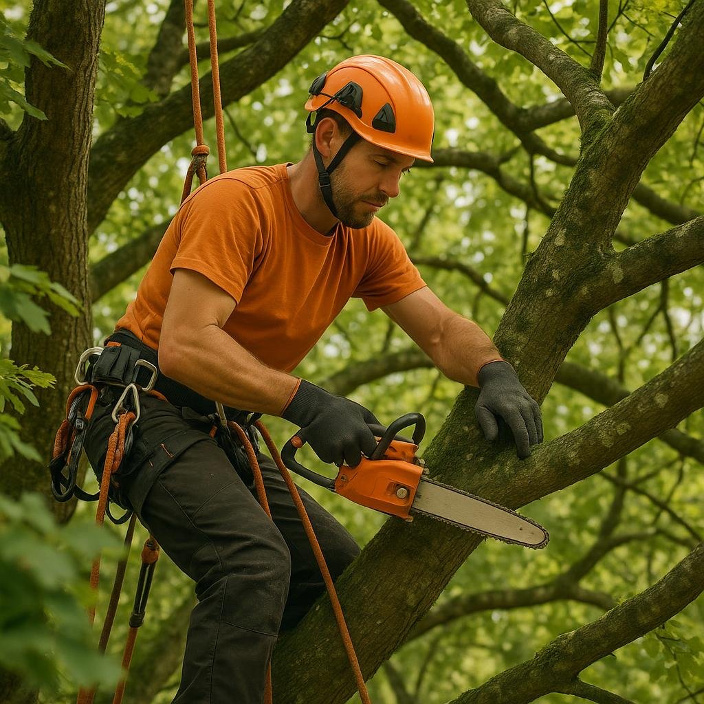 élagueur grimpeur travaillant en hauteur dans un arbre